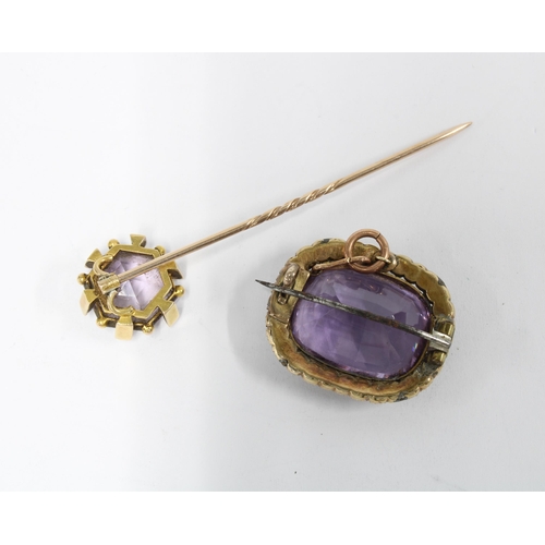 64 - Amethyst and seed pearl brooch set in unmarked yellow metal 28mm wide,  together with an amethyst ti... 