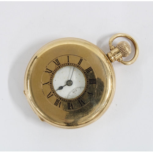 66 - Gents 9ct gold half hunter pocket watch by Henderson, white enamel dial with subsidiary seconds dial... 