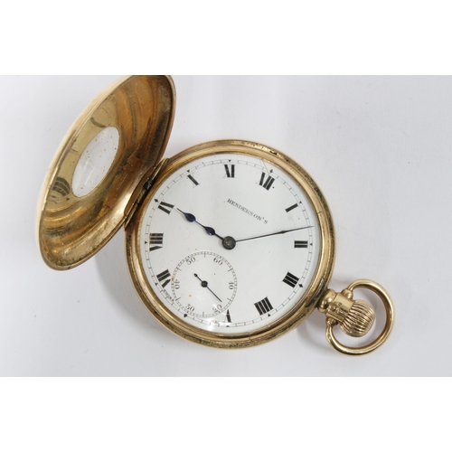 66 - Gents 9ct gold half hunter pocket watch by Henderson, white enamel dial with subsidiary seconds dial... 