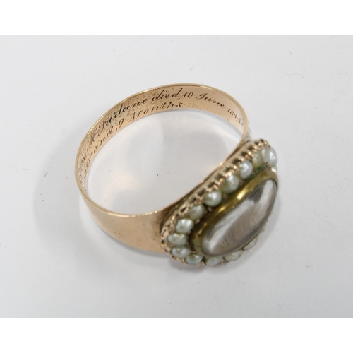 74 - 19th century gold and seed pearl mourning ring with glazed panel containing hair, the inner inscribe... 