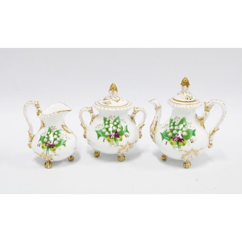 79 - Rockingham style miniature porcelain floral gilt teapot, cream jug and sugar bowl, 12cm (3)