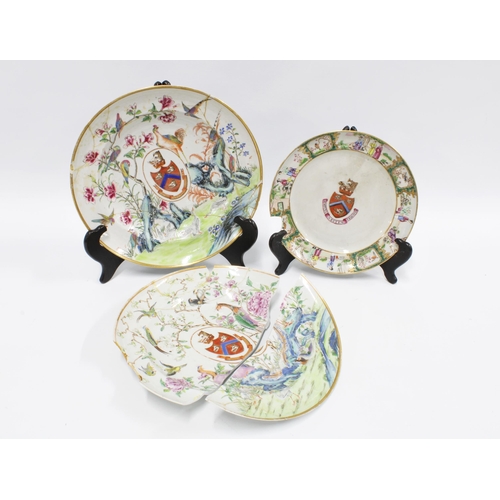 86 - Three late 18th / early 19th century Chinese export ware armorial wares to include two soup bowls an... 