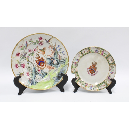 86 - Three late 18th / early 19th century Chinese export ware armorial wares to include two soup bowls an... 