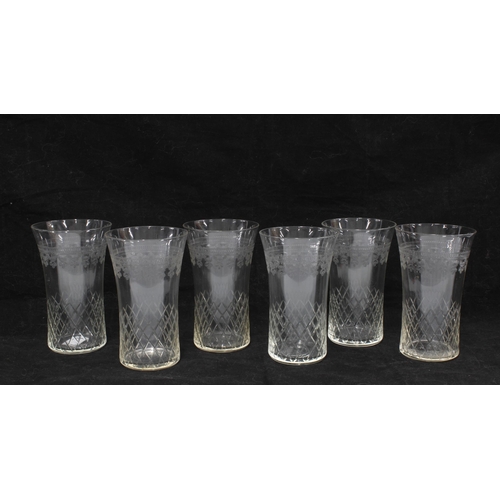 90 - Set of six Edwardian etched glass tumblers, 12cm