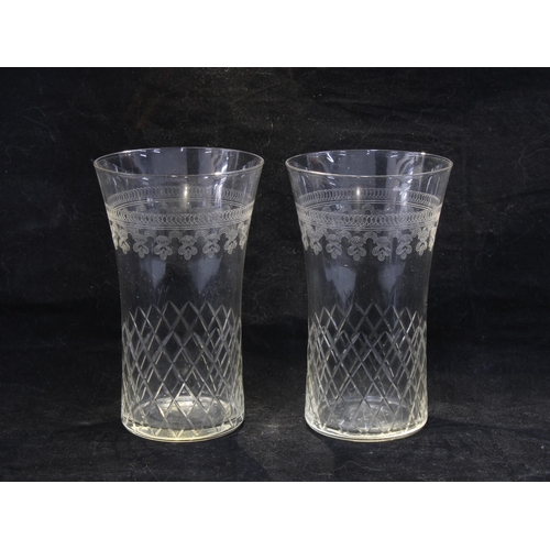 90 - Set of six Edwardian etched glass tumblers, 12cm