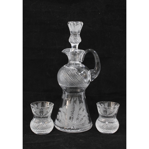 95 - Edinburgh Crystal thistle pattern decanter and stopper with two whisky glasses, 31cm (3)