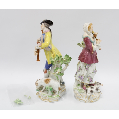 99 - A pair of Meissen porcelain Shepherd and Shepherdess porcelain figures, the male figure with impress... 