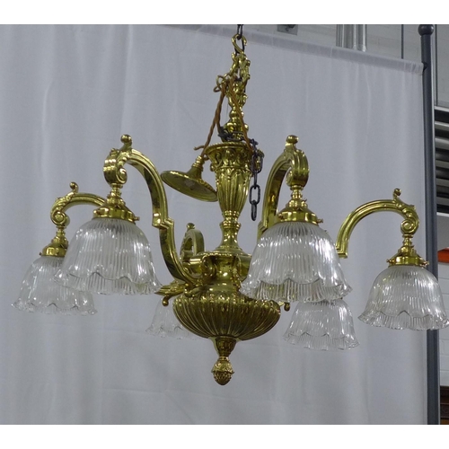 298 - 19th century style brass six branch chandelier, with six glass shades, approximately 62 x 70cm