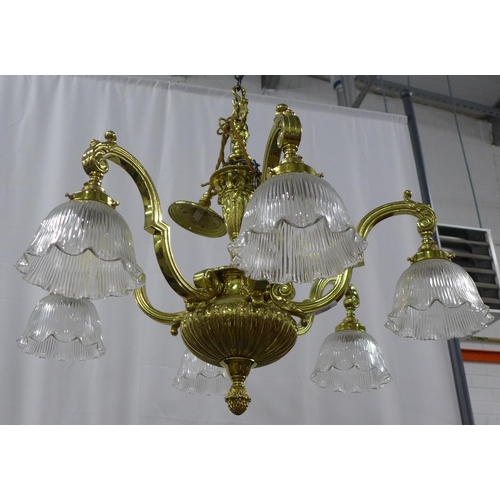 298 - 19th century style brass six branch chandelier, with six glass shades, approximately 62 x 70cm