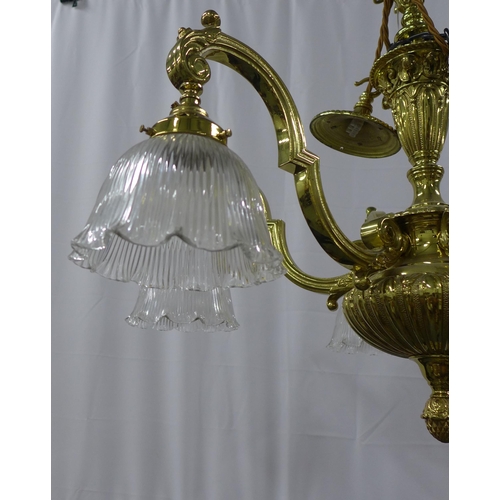 298 - 19th century style brass six branch chandelier, with six glass shades, approximately 62 x 70cm