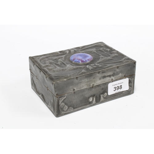 398 - Arts & Crafts pewter clad box with cabouchon 14 x 10cm