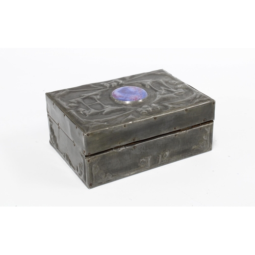 398 - Arts & Crafts pewter clad box with cabouchon 14 x 10cm