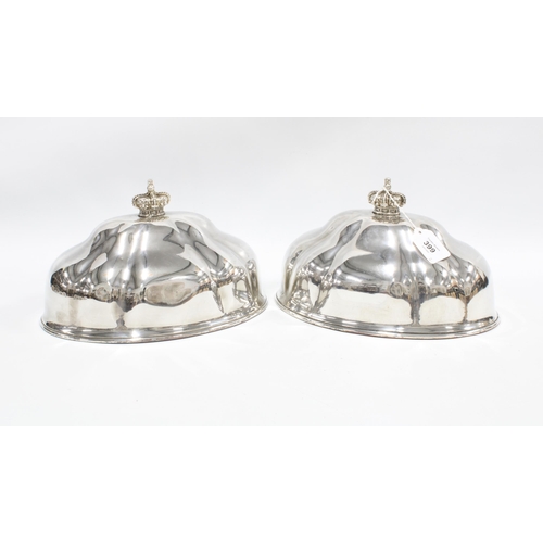 399 - A pair of Victorian silver plate meat dish covers with silver crown finials, London 1841, 28cm long ... 