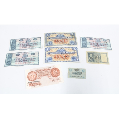 412 - Vintage bank notes to include three British Linen Bank £1 notes and a Union of Scotland £1 note, etc... 