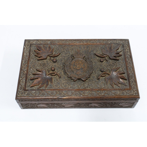 421 - Royal Engineers carved wooden box, the hinged lid with Honi Soit  Qui Malypense motto, cedar lined i... 