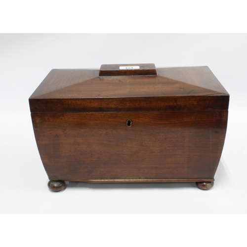 424 - A large 19th century mahogany sarcophagus box, hinged lid with three internal compartments, standing... 