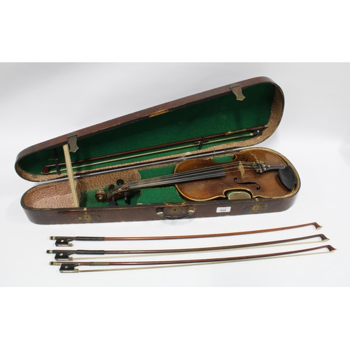 435 - Violin with coffin style case and three bows, violin back length is 35cm, overall length 60cm