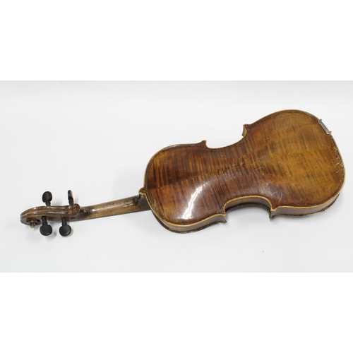 435 - Violin with coffin style case and three bows, violin back length is 35cm, overall length 60cm