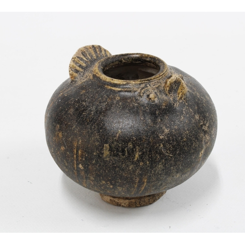 104 - Small brown glazed globular lime pot, modelled in the form of an owl, likely early Cambodian, 7cm   ... 