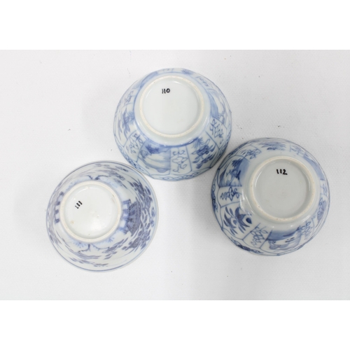 107 - Three Chinese blue and white shipwreck tea bowls, circa 1609, tallest 4cm, together with a foo dog l... 