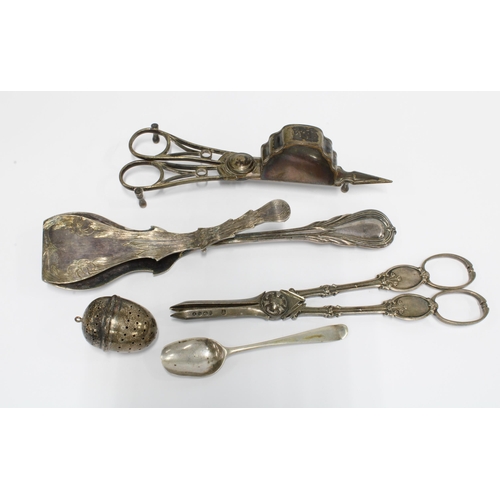 11 - 19th century white metal tongs, candle snuffers and grape scissors together with a pierced two part ... 