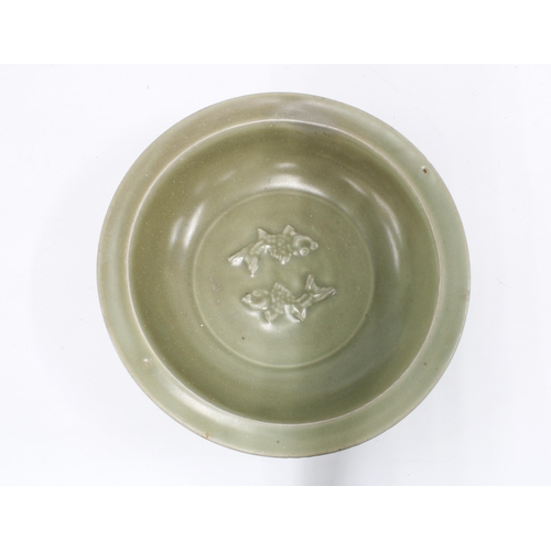 112 - Chinese Song/ Yuan Dynasty, celadon twin fish bowl, repair to rim, 6 x 22cm.  Provenance: Private Sc... 