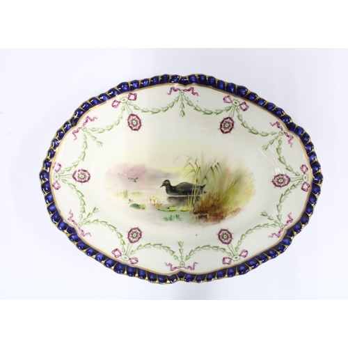 429 - Royal Worcester oval dish, painted with Moor Hens, signed Johnson, green backstamp, 18cm long