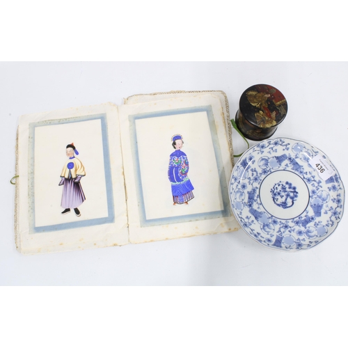 436 - Small folio containing pith paper paintings of figures, a blue and white porcelain plate (a/f)  and ... 