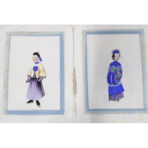 436 - Small folio containing pith paper paintings of figures, a blue and white porcelain plate (a/f)  and ... 