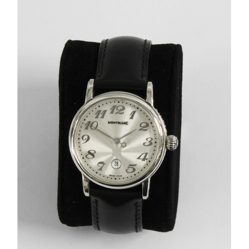 443 - Gents Mont Blanc wristwatch, silvered dial with Arabic numerals and date aperture, on black leather ... 