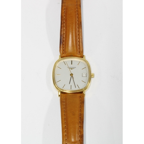 445 - Gents Longines wristwatch, silvered dial with hour baton markers and date aperture, on a tan leather... 