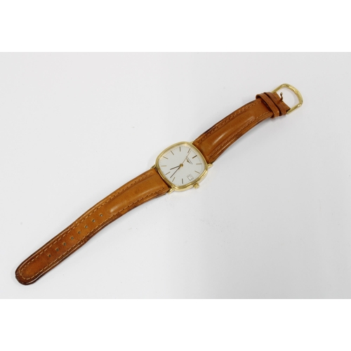 445 - Gents Longines wristwatch, silvered dial with hour baton markers and date aperture, on a tan leather... 