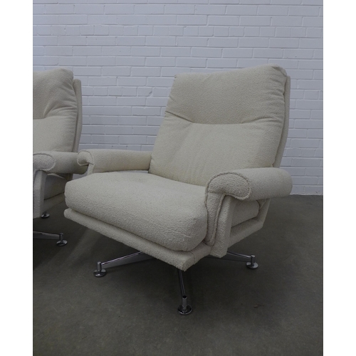 452 - A pair of mid-century lounge chairs, probably by Howard Keith, upholstered in cream boucle wool, chr... 