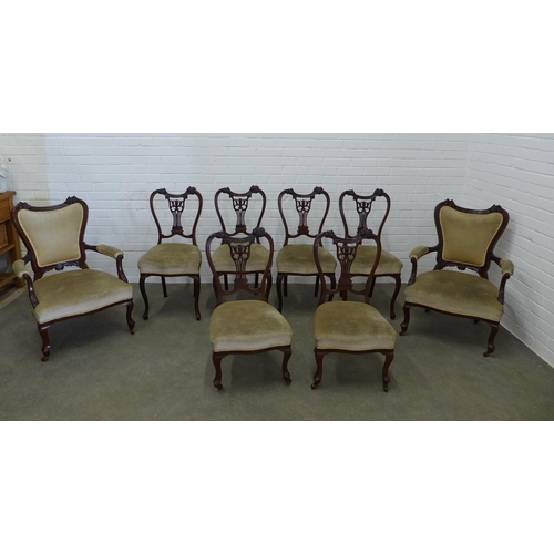 458 - Edwardian mahogany framed part parlour suite, comprising a set of four side chairs, two nursing chai... 