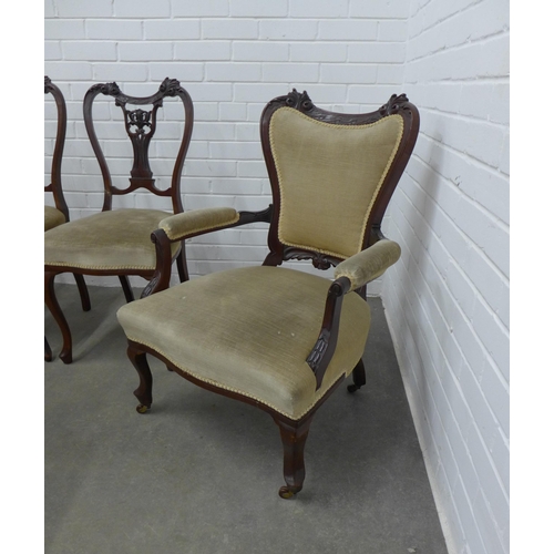 458 - Edwardian mahogany framed part parlour suite, comprising a set of four side chairs, two nursing chai... 