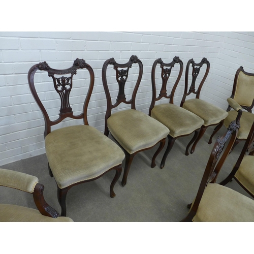 458 - Edwardian mahogany framed part parlour suite, comprising a set of four side chairs, two nursing chai... 