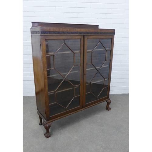 460 - Mahogany display cabinet, carved frieze over a pair of astragal glazed doors, shelved interior, on s... 