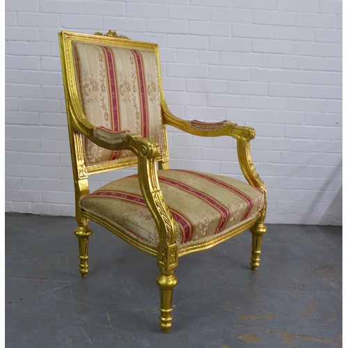 464 - French style giltwood armchair with striped upholstery