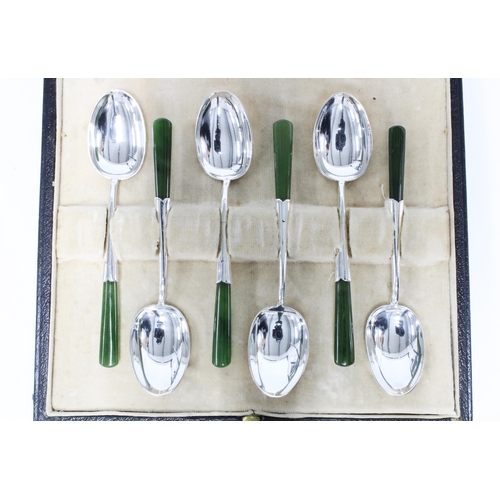 47 - Set of six silver and green jade teaspoons, stamped Sterling, in fitted case and retailed by Stewart... 