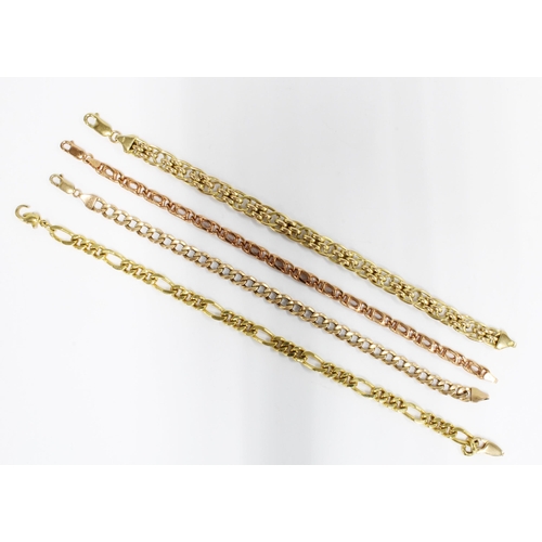 62 - Two 9ct rose gold bracelets, an Italian 9ct gold bracelet and another yellow metal bracelet with a r... 