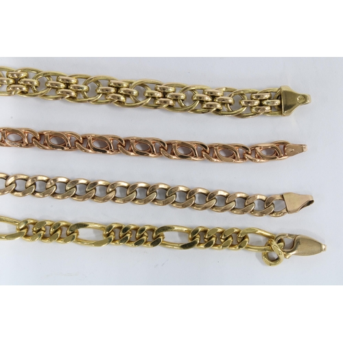 62 - Two 9ct rose gold bracelets, an Italian 9ct gold bracelet and another yellow metal bracelet with a r... 