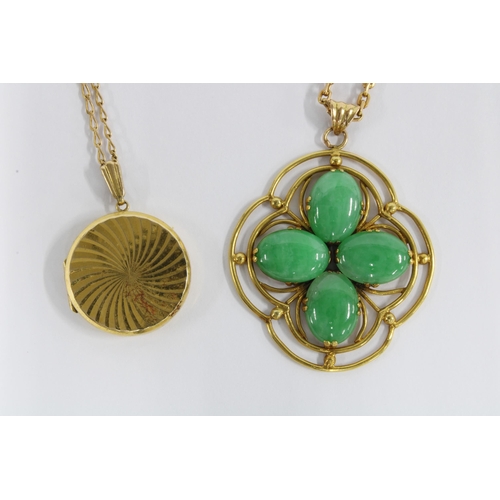 67 - A jade brooch set in unmarked yellow metal, a jadeite pendant in yellow metal frame on a 9ct gold ch... 