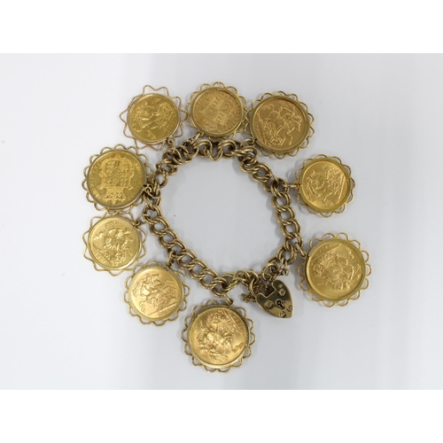 68 - Sovereign coins on a 9ct gold bracelet to include four full gold sovereigns dated  1911, 1908, 1928 ... 