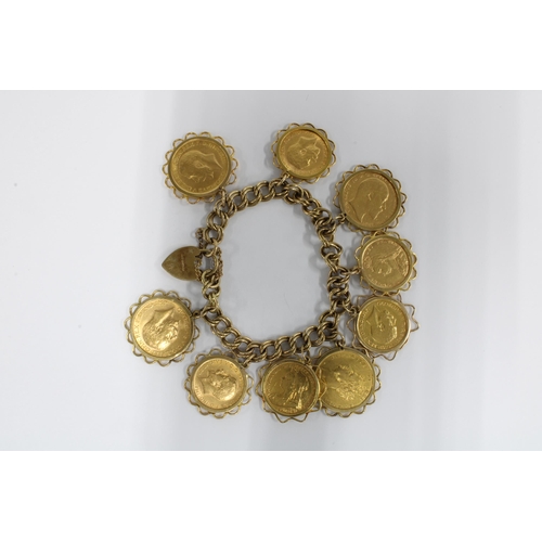 68 - Sovereign coins on a 9ct gold bracelet to include four full gold sovereigns dated  1911, 1908, 1928 ... 