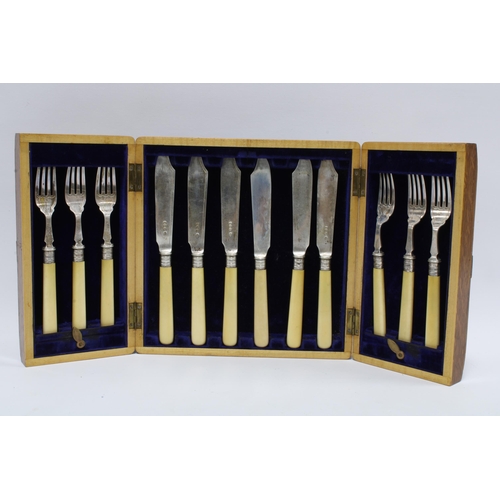 72A - Set of six Sheffield silver fish knives and forks with composite handles, in an oak canteen, togethe... 