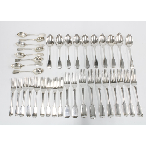 76 - Silver fiddle pattern flatware to include ten spoons, ten table forks, nine dessert forks, eight tea... 