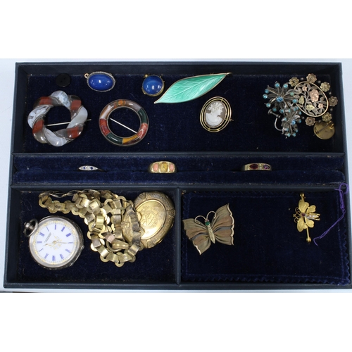 76A - A blue leather jewellery box containing an 18ct coral ring (one stone lacking), two yellow metal gem... 