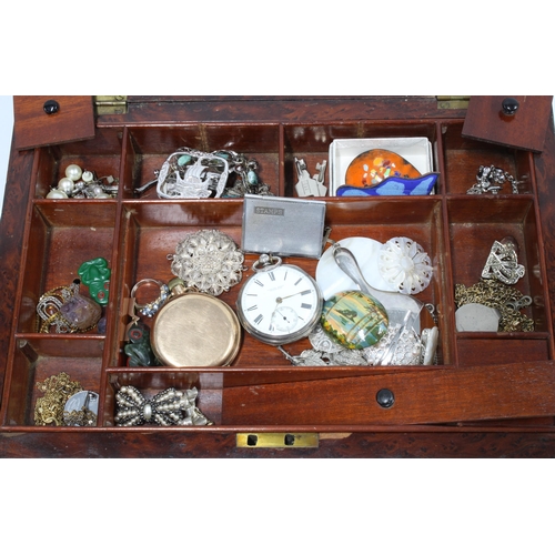 78 - Walnut box containing a selection of silver an costume jewellery together with a gold plated pocket ... 