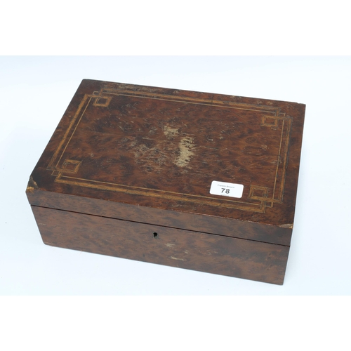 78 - Walnut box containing a selection of silver an costume jewellery together with a gold plated pocket ... 