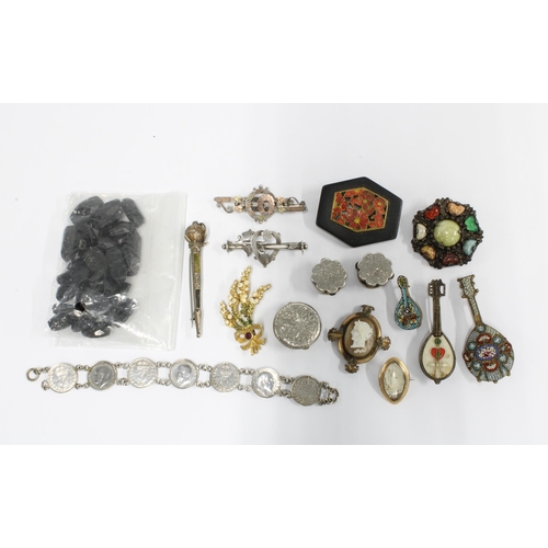 78A - Victorian silver jewellery to include brooches and a coin bracelet, micro mosaic brooch, small yello... 